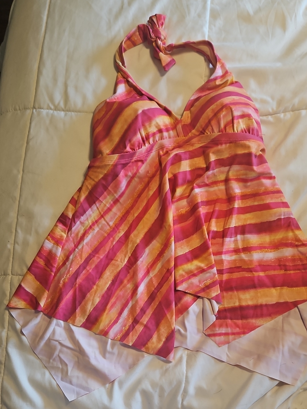 Pink & Orange Striped Halter Handkerchief Hem Tankini Set